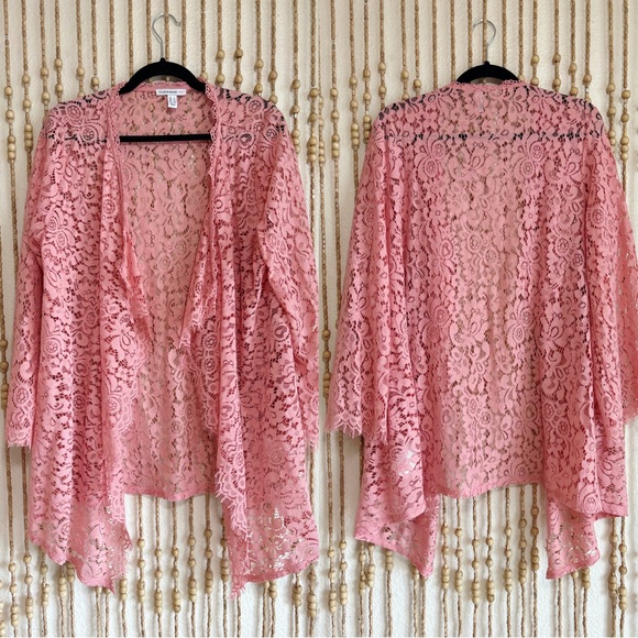 Isaac Mizrahi Tops - Isaac Mizrahi Pink Lace Feminine Cottage Coquette Open-Front Kimono Long Sleeve